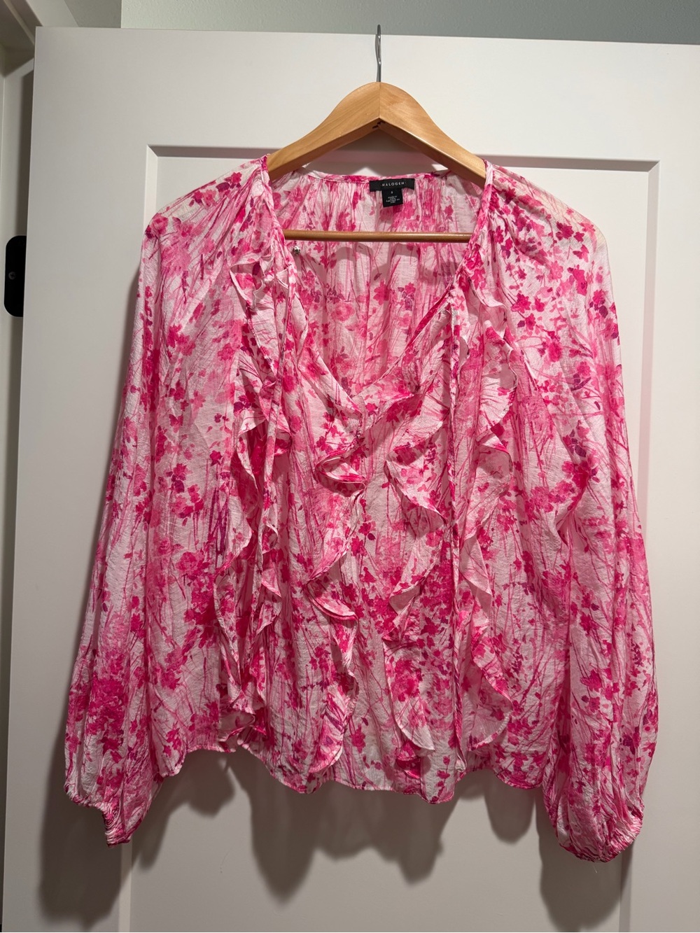Halogen Pink Floral Ruffle V-Neck Blouse